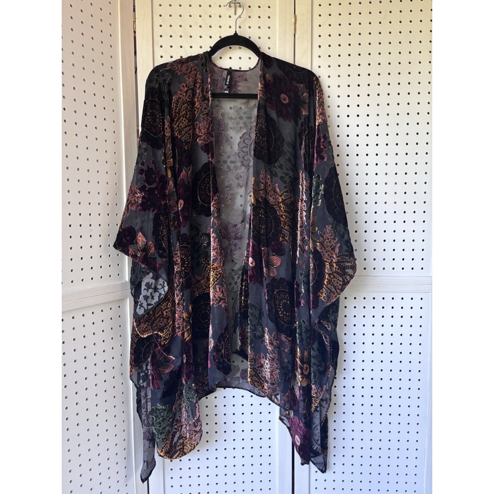 Torrid Black YLW Burgund Floral Burnout Velvet Sheer Kimono Cardigan Wrap One Sz